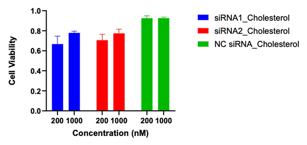 Cell viability of cholesterol-conjugated siRNA in HepG2 cells measured by Cell Titer-Glo.