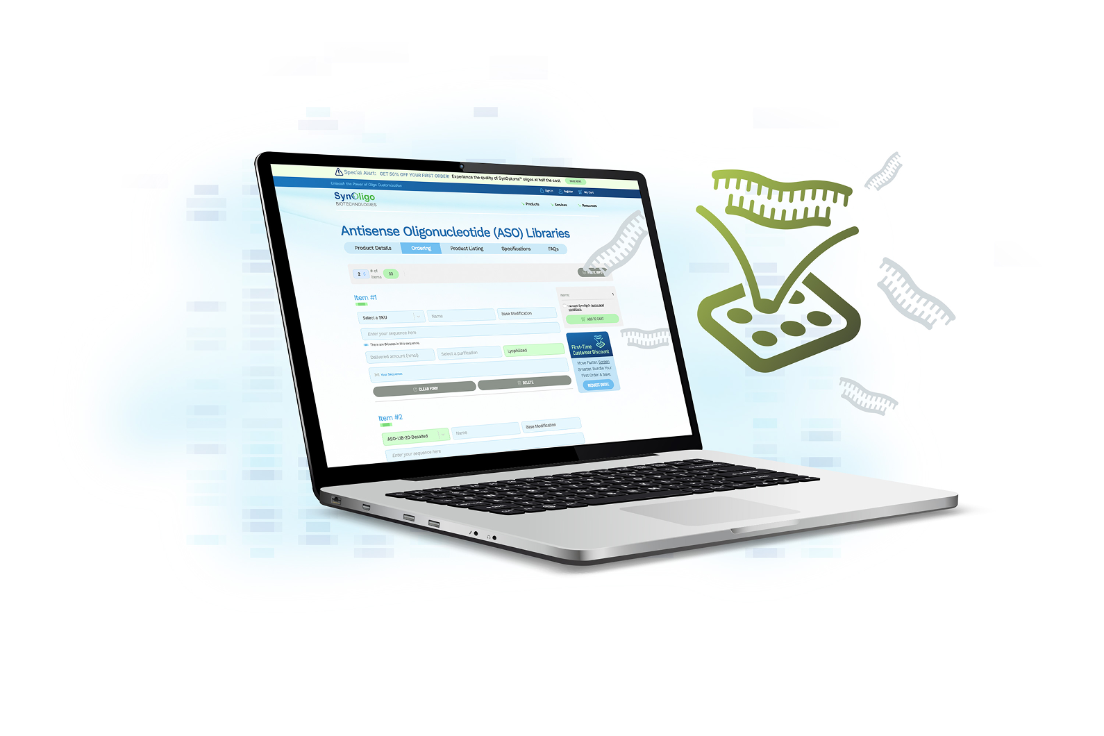 SynOligo online shop screen for ordering Antisense Oligonucleotide (ASO) libraries.
