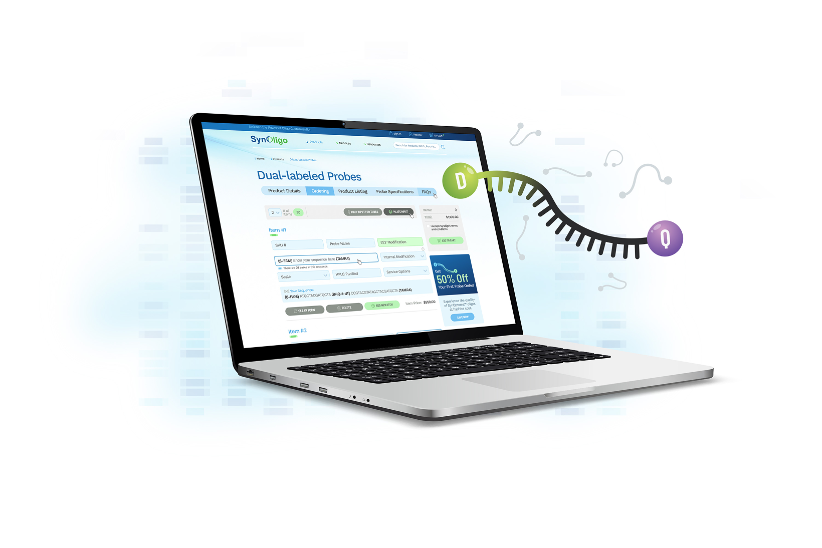 SynOligo online shop shown on a laptop, ordering dual-labeled probes.